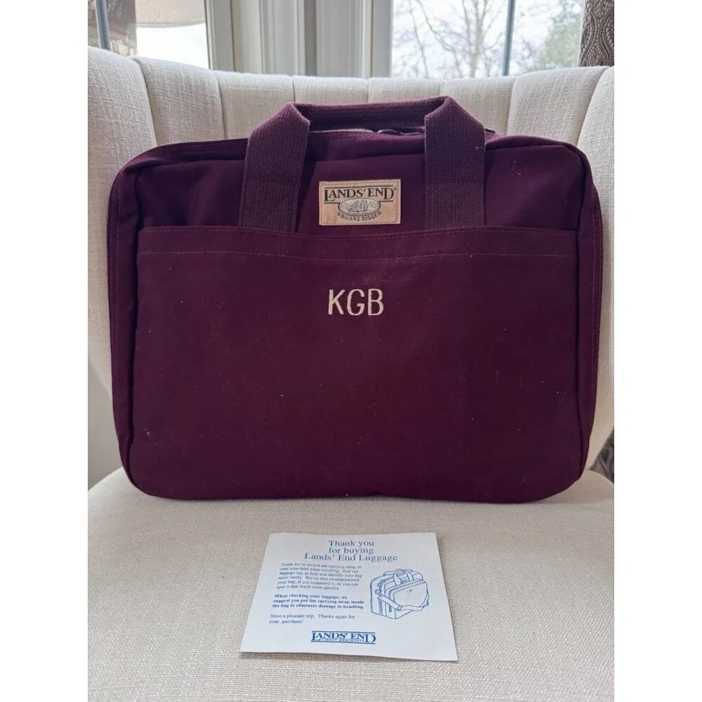 VTG Lands End Square Rigger Canvas Bag Initial Embroidered USA Maroon Red